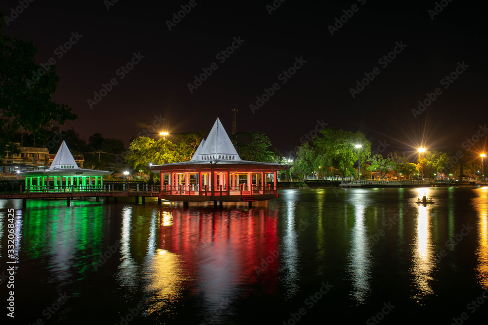 A beautiful night water pavilion in Asia