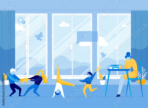 Mother or Teacher in Stress Sitting at Table Tired, Hyperactive Children at Home or in Classroom Flat Cartoon Vector Illustartion. Two Kids Fighting over Teddy Bear Toy. Kids Quarrel. Boy with Sword.