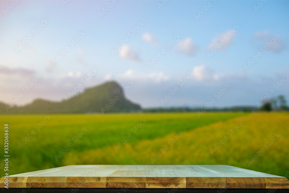 Display products on the table Background of broad fields and mountains