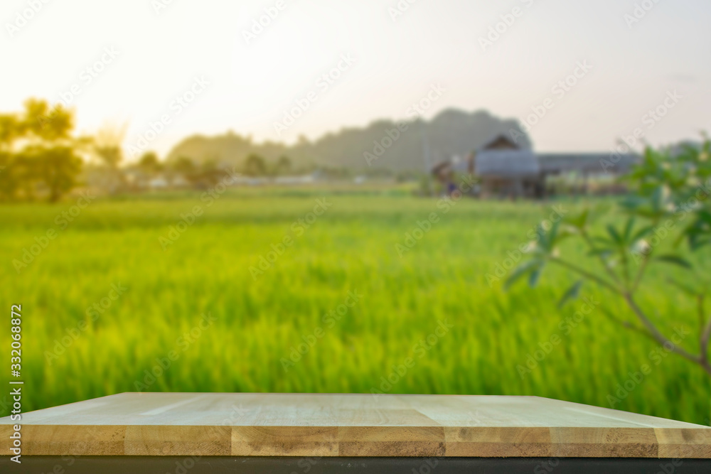 Display products on the table Background of broad fields and mountains