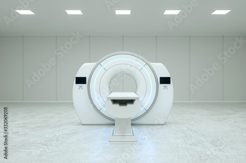 MRI, Complete CAT Scan System in a Hospital Environment. Concept medicine, technology, future. 3D rendering, 3D illustration, copy space.