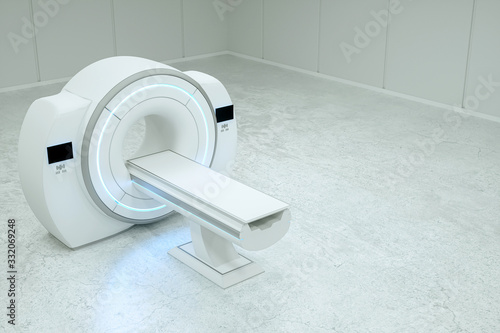MRI, Complete CAT Scan System in a Hospital Environment. Concept medicine, technology, future. 3D rendering, 3D illustration, copy space.