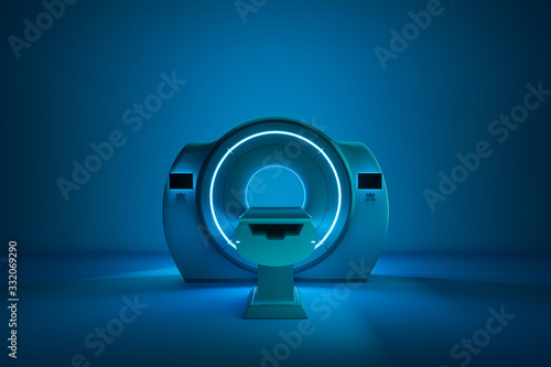 MRI machine, magnetic resonance imaging machine on a dark blue background. Concept medicine, technology, future. 3D rendering, 3D illustration, copy space. photo