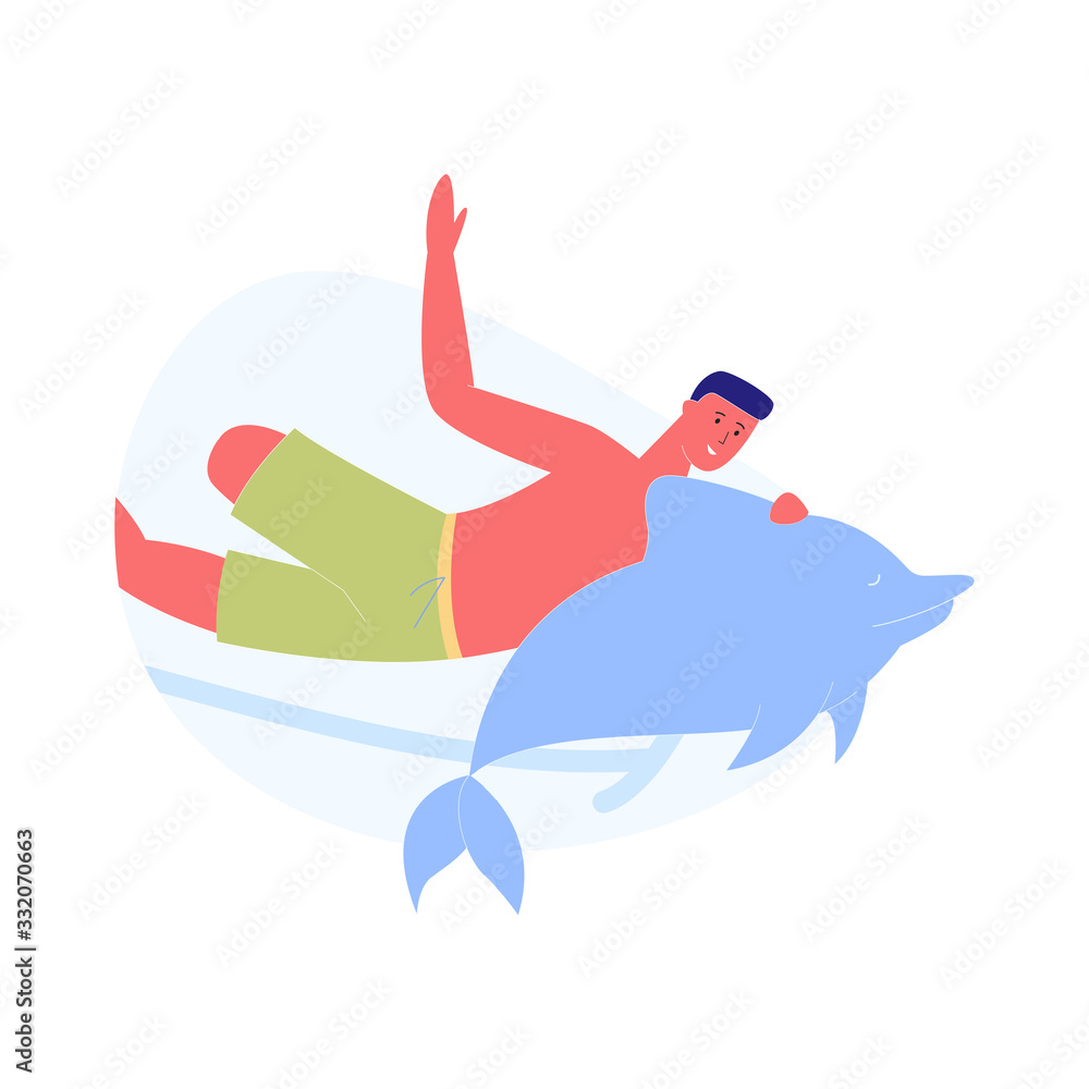 Fototapeta premium Man with Amputated Leg Swim Under Water with Dolphin. Rehabilitation, Communication with Animals. Comfortable Rest and Effective Treatment, Dolphin Therapy Process. Cartoon Flat Vector Illustration