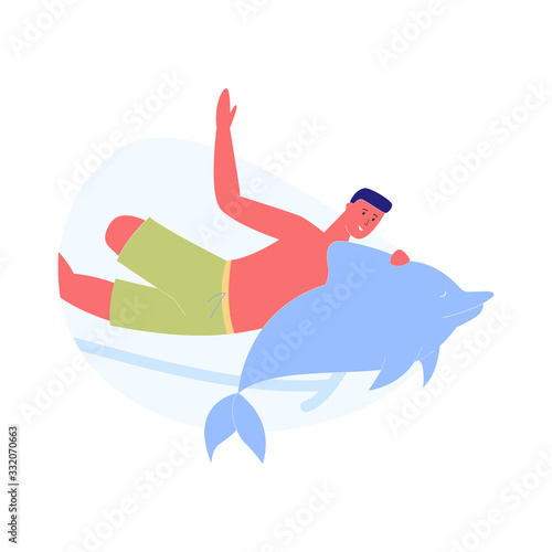 Man with Amputated Leg Swim Under Water with Dolphin. Rehabilitation, Communication with Animals. Comfortable Rest and Effective Treatment, Dolphin Therapy Process. Cartoon Flat Vector Illustration
