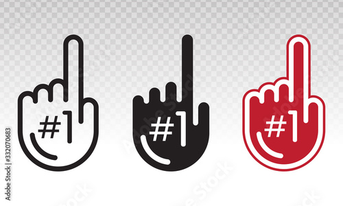 set of number 1 (one) fan hand glove with finger raised flat vector icon on a transparent background.