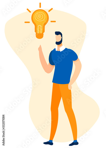 Bearded Man Brainstorming and Creating Idea Metaphor Illustration. Office Manager, Freelancer, Analyst Standing under Light Bulb. Business Startup and Enlightenment. Vector Flat Cartoon