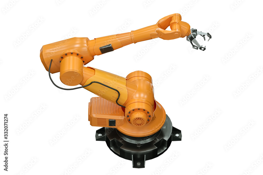 Orange robot arm manipulator for plant isolated on white background. Technology concept, future. 3D rendering, 3D illustration, copy space.