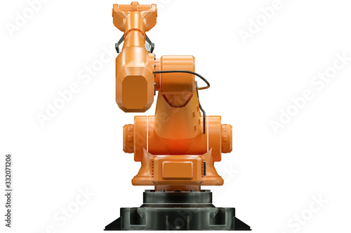 Orange robot arm manipulator for plant isolated on white background. Technology concept, future. 3D rendering, 3D illustration, copy space.