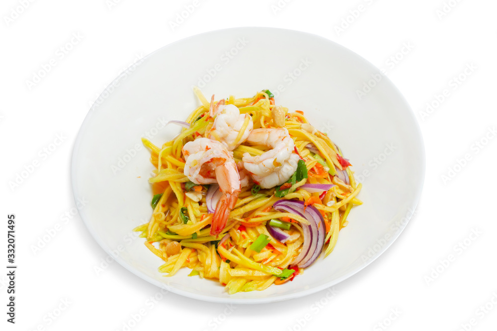 Mango shrimp salad on a white background,with clipping path