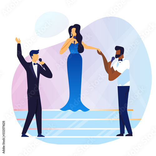 Musical Concert, Show Flat Vector Illustration. Young Woman in Elegant Dress and Men in Tuxedo Cartoon Characters. Professional Female Artist, Singer with Backing Vocals. Talented Trio Performing Song