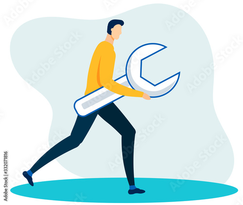 Office Worker Running Holding Big Wrench in Hands. Flat Man with Spanner Cutout Illustration. Business Mechanism. Adjustment Technical Support and Service Vector. Cartoon Mechanic Manager Employee