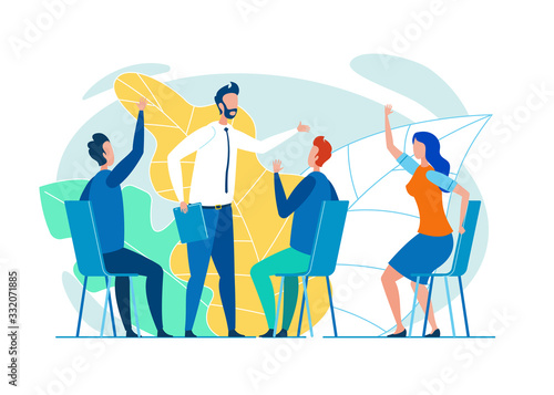 Creative Trainees or Company Members Listening to Skilled Coach or Senior Colleague, Taking Active Part in Discussion, Sharing Ideas, Asking Questions, Trying to Adopt His Practices and Methods