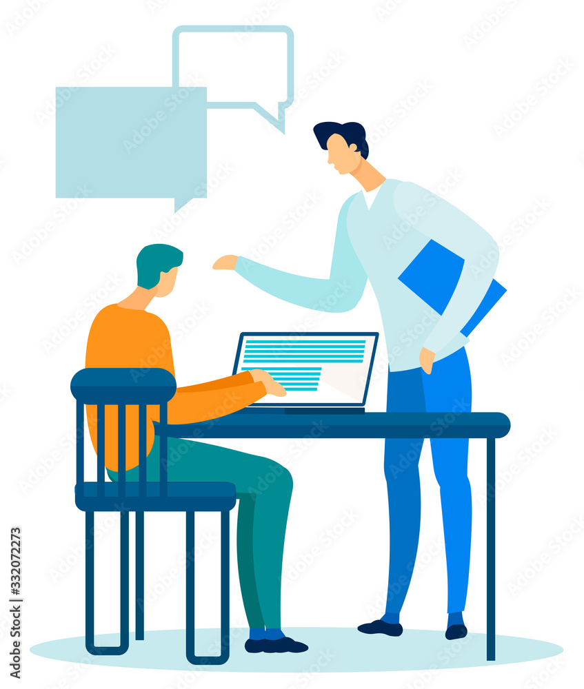 Man, Manager Working on Laptop Sit at Table. Mal Coworker, Boss or Team Leader Talk to Colleague, Partner. Business People Discuss Problem. Flat Cartoon Modern Office Interior. Vector Illustration