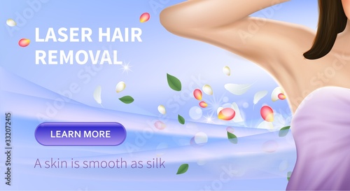 Laser Hair Removal Horizontal Banner. Armpit Epilation, Woman Holding Arm Up and Showing Clean Underarms with Feathers and Petals on Purple Background. 3D Vector Realistic Illustration, Promo Poster