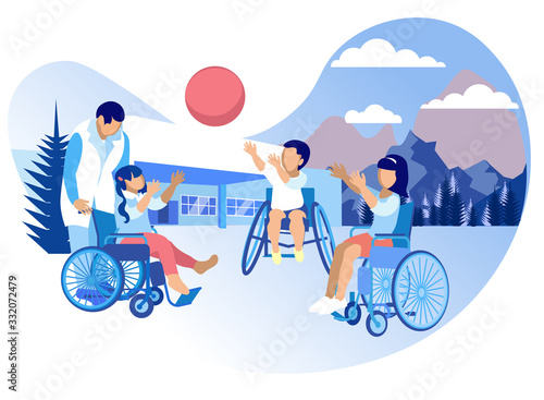 Rehabilitation and Adaptation for Children Cartoon. Rehabilitation Physical, Well as Psychological and Pedagogical Directions. Children in Wheelchairs Play Ball in Street. Vector Illustration.