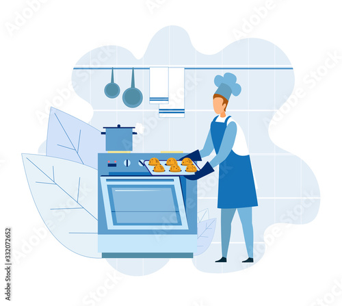 Cartoon Baker Master Chef Character in Apron and protective Gloves Cooking, Taking Stove out Cupcakes or Muffins Sweet Dessert on Flat Baking Sheet. Flat Vector Kitchen Interior Cutout Illustration