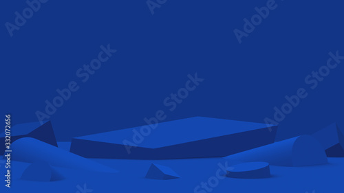 3d blue scene modern minimal design in studio background. Abstract 3d geometric shape object illustration render. Display for fashion and technology product.