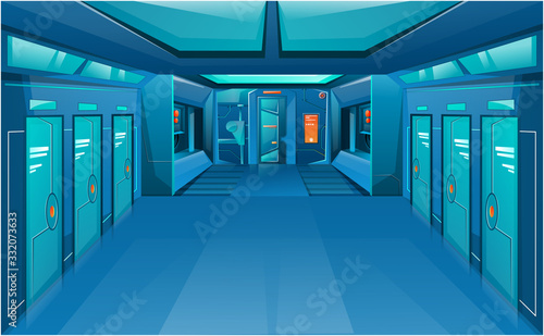 Fototapeta Naklejka Na Ścianę i Meble -  Spaceship corridor hallway. Futuristic interior room with door. Background for games and mobile applications. Vector cartoon background