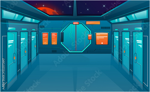 Spaceship corridor with closed doors. Vector cartoon background futuristic interior room. Space outside. Cosmos vector game