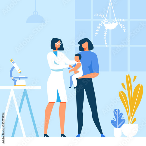 Doctor Pediatrician Making Flu Vaccine Injection to Baby. Cartoon Mother and Infant at Hospital. Kids Treatment, Vaccination or Immunization Schedule. Vector Immunity Health Flat Illustration