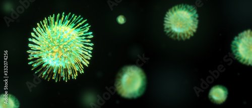 Microscopic view of floating coronavirus virus cells ,pandemic risk concept.3D render.