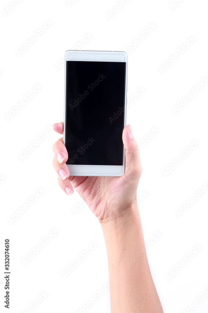 Close up female hand holding a smartphone, black screen, isolated on white background.