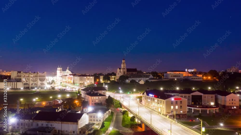 Hyperlapse flight over embankment the Neman River and the Old Bridge in Grodno. Night view of the city and the Old Bridge Hyperlapse flight over embankment the Neman River and the Old Bridge in Grodno. Night view of the city and the Old Bridge