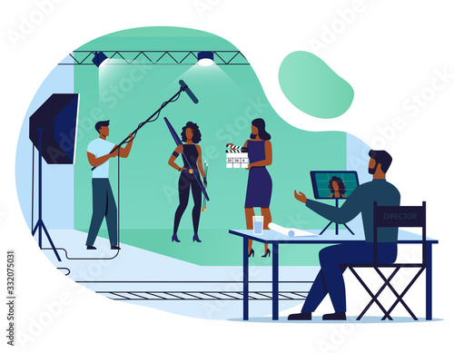 Movie Making Process Flat Vector Illustration. Director, Actress and Sound Engineer Cartoon Characters. Film Production, Shooting Set, People on Green Screen Background. Entertainment Industry
