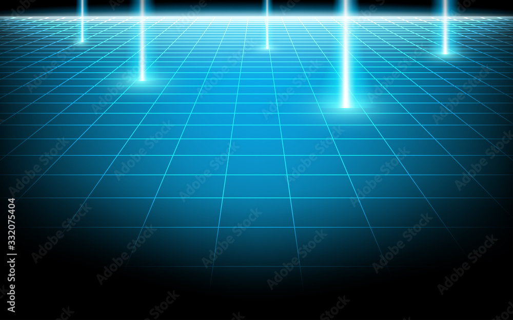 Vector perspective 3d mesh plane with grid line on dark background. pillar light thought surface spread. Vector perspective 3d mesh plane with grid line on dark background. pillar light thought surface spread.