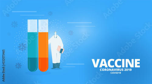 Vector illustration of a human in a protective suit with a mask and test tube symbol.Vaccine, Covid19, Coronavirus 2019 text with blue virus background. coronavirus 2019-nCoV (COVID19)disease concept.