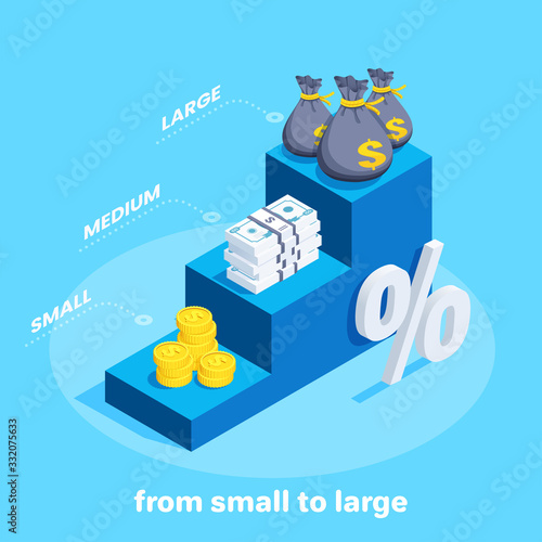isometric vector image on a blue background, money in the form of coins and bills as well as bags of money on the steps of the chart, financial receipts from small to large