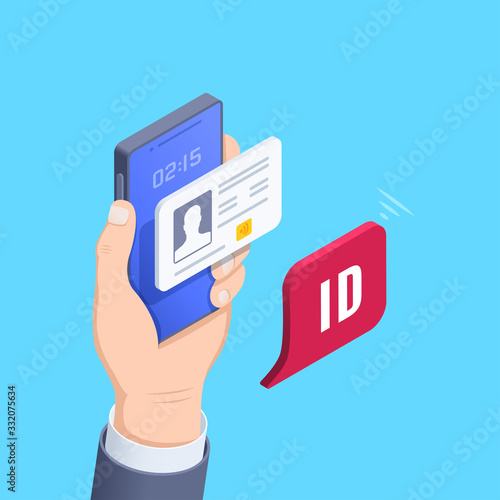 isometric vector image on a blue background, a male hand holds a smartphone on the screen of which ID document
