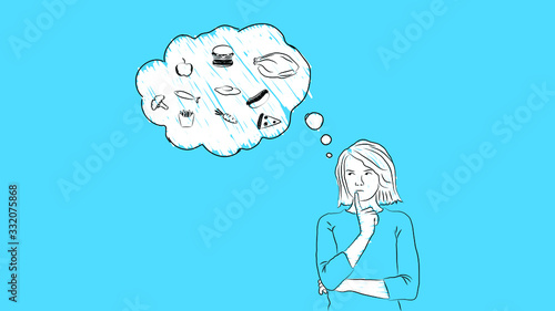 Woman thinking about what to eat in a thought bubble simple hand drawn design style minimal vector illustration