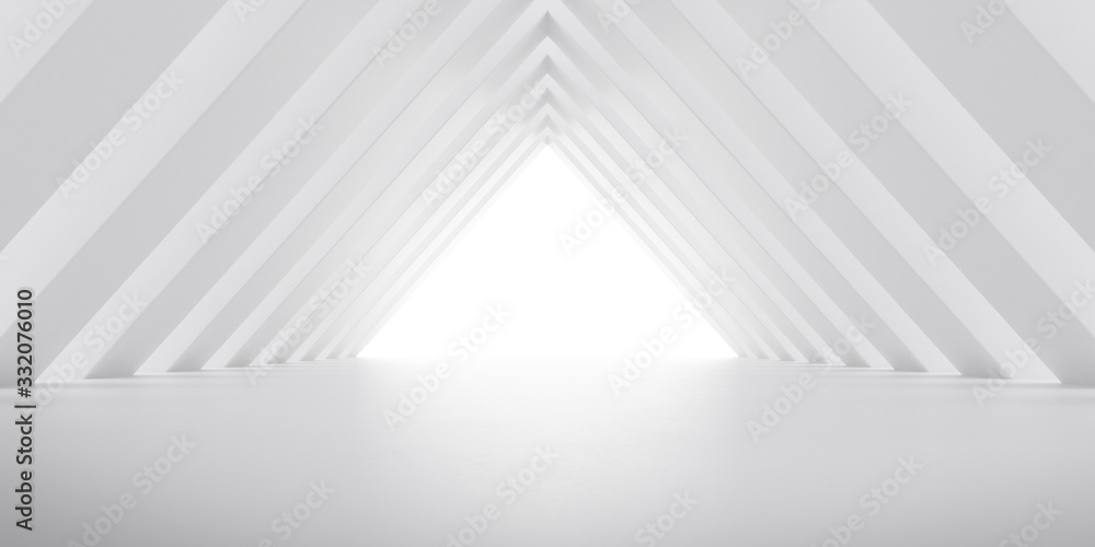 Abstract of white concrete interior with the light cast shadow on the wall ,Geometric structure,Perspective of brutalism architecture,Museum space design. 3d rendering. 