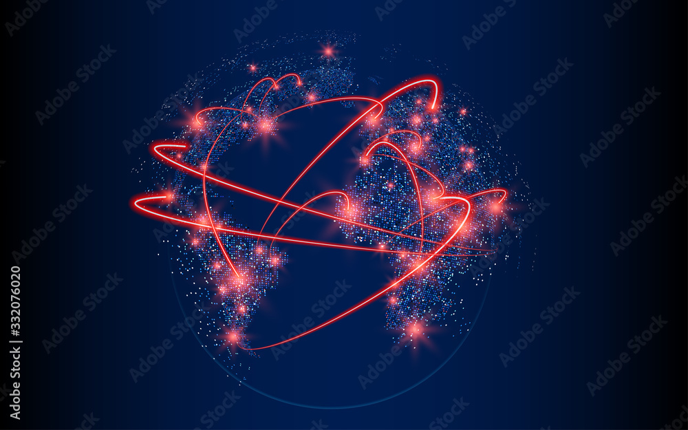 Vector world map illustration with red glowing linkage points