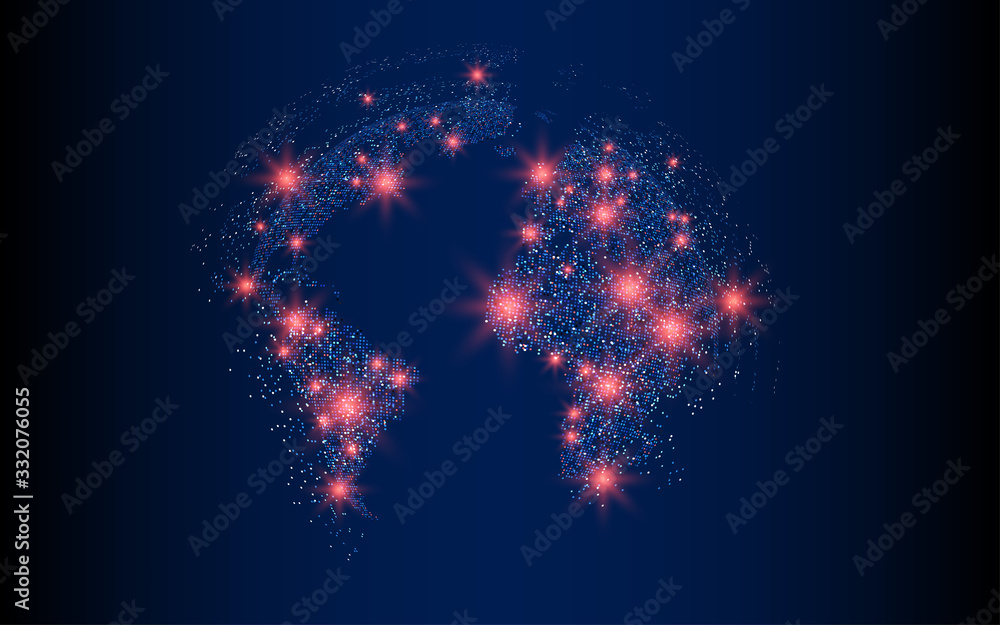 Vector world map illustration with red glowing points dotted land Stock ...
