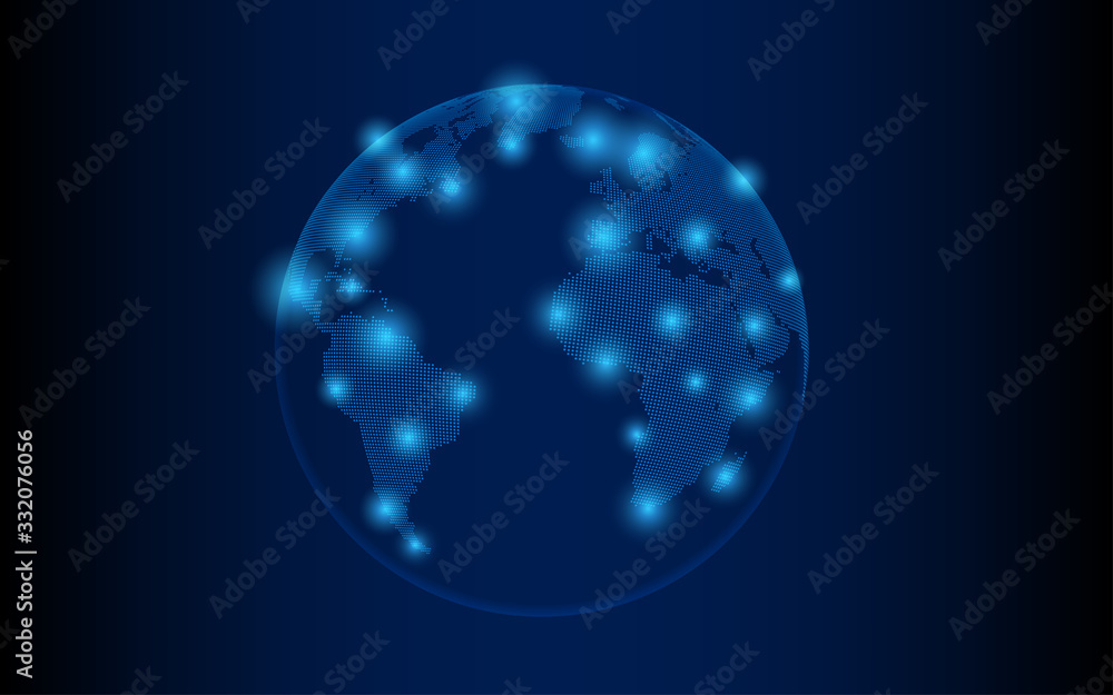 Vector world map illustration with blue glowing points dotted land Vector world map illustration with blue glowing points dotted land