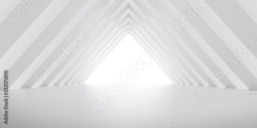 Abstract of white concrete interior with the light cast shadow on the wall ,Geometric structure,Perspective of brutalism architecture,Museum space design. 3d rendering. 
