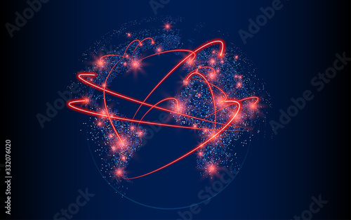 Vector world map illustration with red glowing linkage points