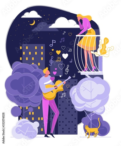 Man Play Guitar Sing Song to Woman on Balcony Vector Illustration. Male Guitarist Serenade at Moonlight. Night City Street. Girl Listen Music. Couple Love Relationship, Romantic Evening Date