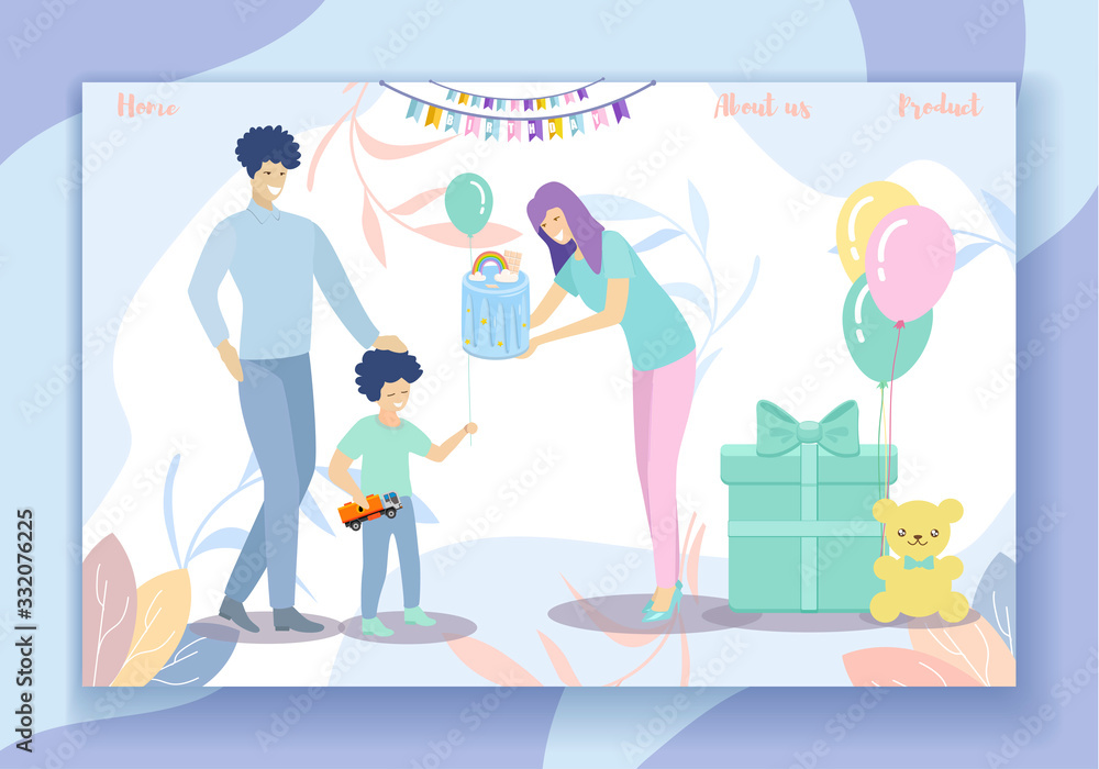 Happy Birthday Kids Party. Cheerful Mother and Father Presenting Festive Cake and Gift to Little Son in Decorated Room with Balloons, Family Fun. Cartoon Flat Vector Illustration, Horizontal Banner
