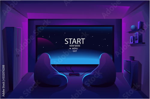 Game room interior. Night stream. Play video games on the console. Big TV screen . Two armchairs . Battle. Start. Vector illustration.

