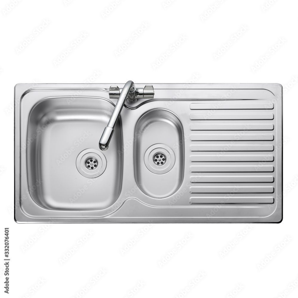 Kitchen Sink Top View with Faucet Isolated on White Background. Stainless  Steel Inset Washbowl. Double Bowl Sinker. Built-In Kitchen and Domestic  Appliances Stock-foto | Adobe Stock