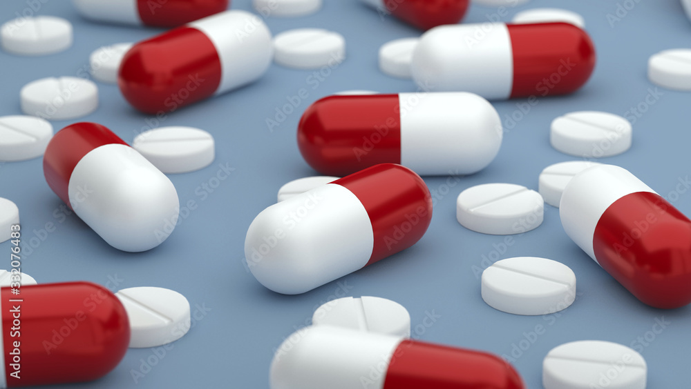 Tablets and pills 3D rendering illustration Tablets and pills 3D rendering illustration