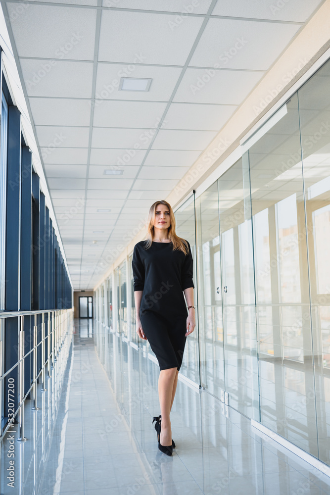 Attractive business woman with a black dress in the office