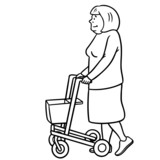 old woman with walking aid from the side. monochrome, comic illustration