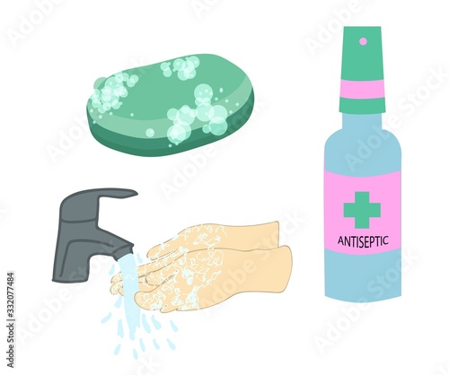 ANTISEPTIC, soap, washing hands, hands under water Isolated on a white background. Antiviral agent. Coronavirus protection. Hygiene.
