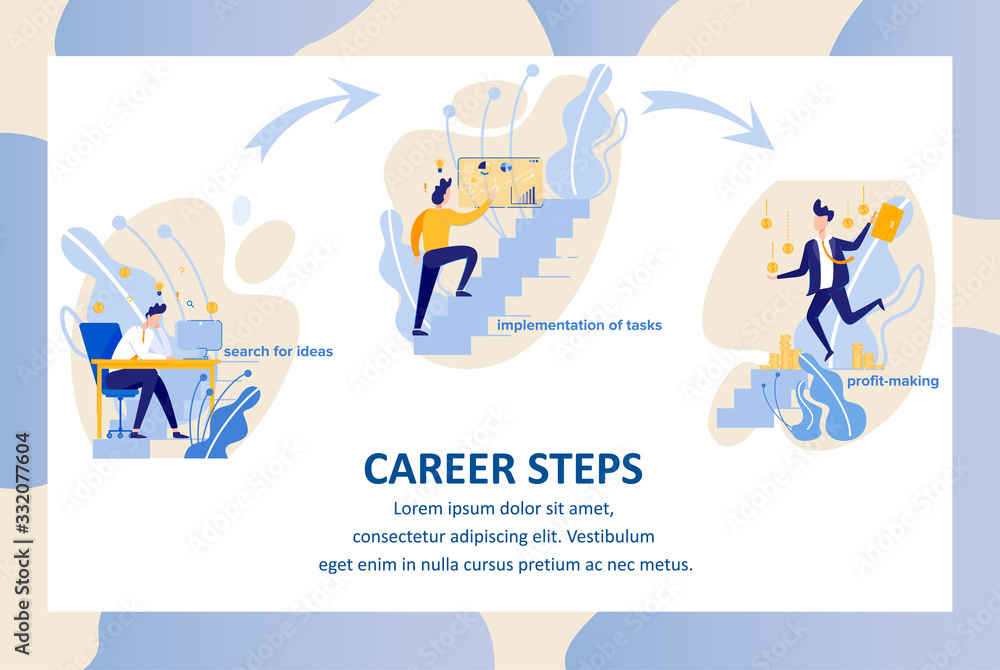 Three Career Steps, from Training to Finishing on Top Work Position. Searching for Ideas, Starting in Big Company. Diligence, Energy and Skill, When Implementing Tasks. Profit Making on Top.