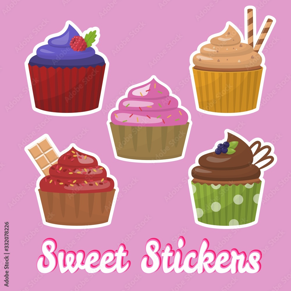 Sweet Stickers with Different Taste Cupcakes Set. Flat Cartoon Design. Isolated Icons. Vector Desserts Illustration. Trendy Badges with Bakery Delicious Products. Label Logo Signs. Chic Patches Sweet Stickers with Different Taste Cupcakes Set. Flat Cartoon Design. Isolated Icons. Vector Desserts Illustration. Trendy Badges with Bakery Delicious Products. Label Logo Signs. Chic Patches